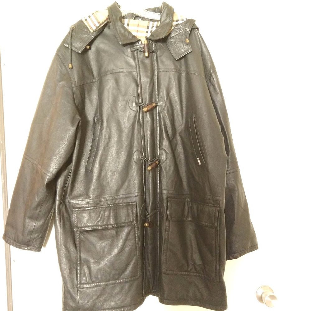 Burberry Black Leather Toggle Duffle Coat Hood